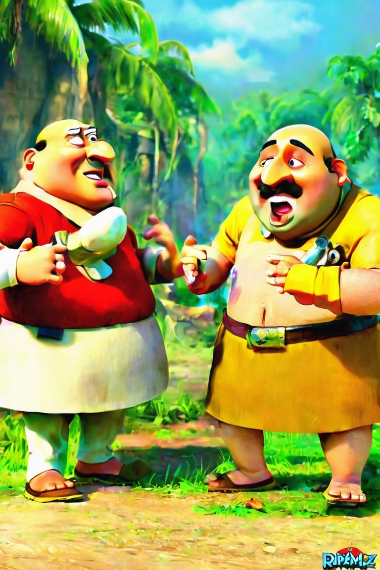 Caption this hilarious scene featuring Motu and Patlu in an unexpected adventure. Imagine a witty dialogue or humorous situation that captures the essence of their unique friendship and comical escapades. Your caption should bring out the fun and lighthearted spirit of the beloved characters."