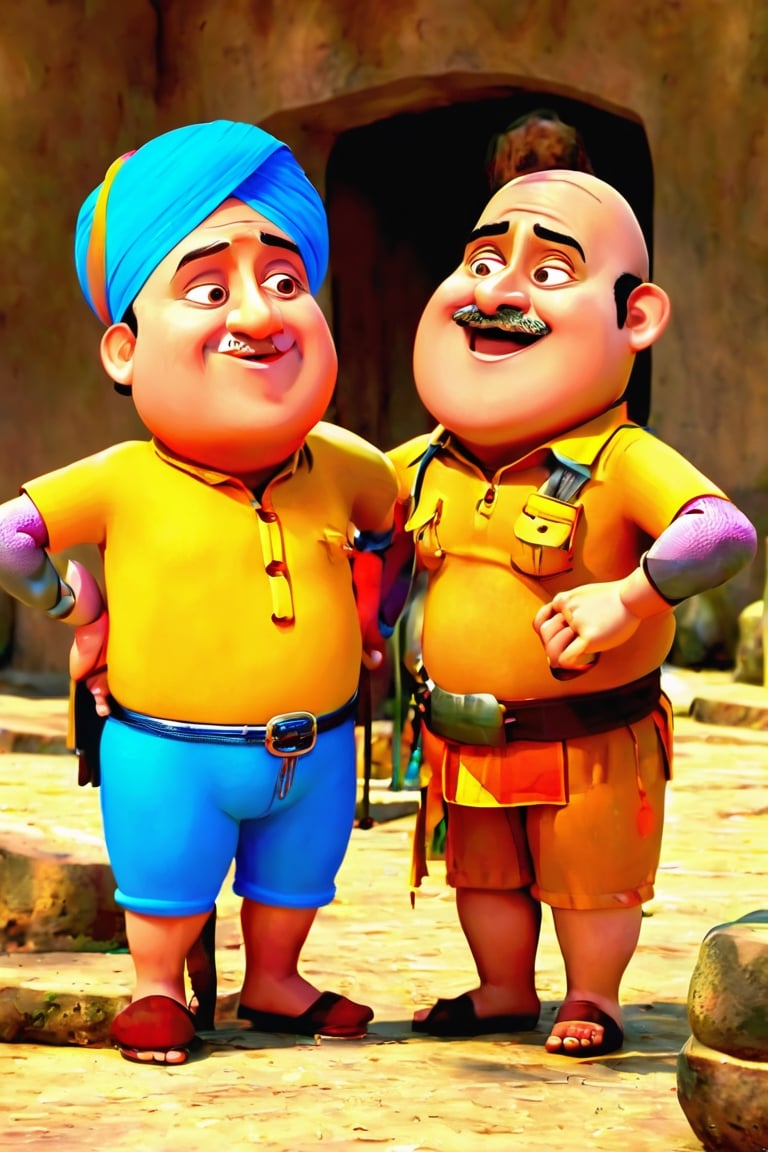 Caption this hilarious scene featuring Motu and Patlu in an unexpected adventure. Imagine a witty dialogue or humorous situation that captures the essence of their unique friendship and comical escapades. Your caption should bring out the fun and lighthearted spirit of the beloved characters."
