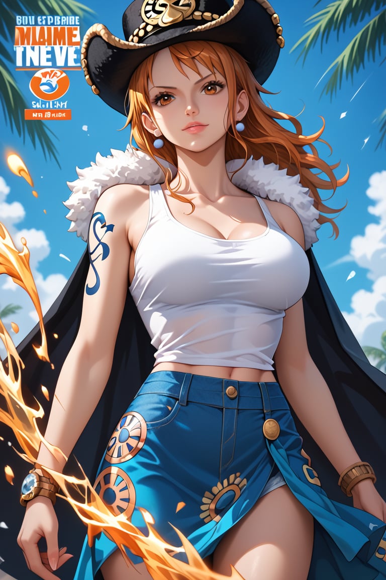 score_9,score_8_up,score_7_up,score_6_up,(masterpiece, best quality:1.2),
nami one piece,nami \(one piece\),,1girl,slim body,large breasts,arm_tattoo,black_eyes,blue_cape,cape,cowboy_shot,denim,earrings,energy,finger_tattoo,fur hat,floating,foreshortening,fur_collar,glowing,hand_tattoo,holding fire,jaguar_print,jewelry,katana,female_focus,multiple_earrings,open_clothes,open_shirt,paint_splatter,panther_print,sarong,solo,tattoo,white_tanktop,
A shot with tension,(Visual impact,giving the poster a dynamic and visually striking appearance:1.2),impactful picture,
offcial art,colorful,splash of color,movie perspective,advertising style,magazine cover,