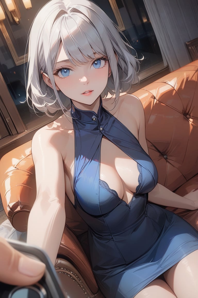 gorgeous lips, (masterpiece), (best quality), (ultra-detailed), very aesthetic, perfect composition, intricate details, absurdres, detailed face, (intricate:1.2), hires textures, small slim noble girl, disheveled silver-haired, blue eyes, dynamic angle, pov, looking at viewer, relaxed pose, sitting on cozy sofa, elegant blue halter high neck sleeveless dress, night, living room