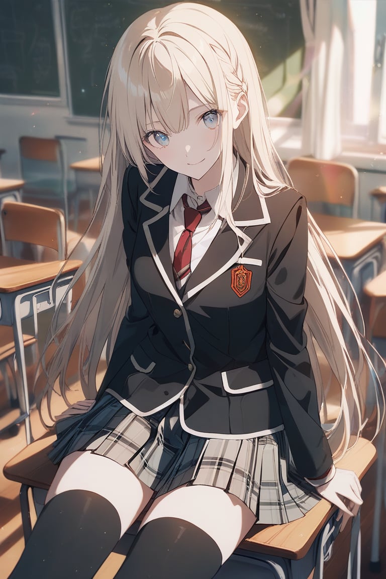 1girl,teenage ,slender body, sitting, chair ,light smile,very closeup,looking at viewer ,hands on the side,
(pale skin:0.8) ,very long hair , straight hair,(choppy bangs:0.5),small single side braid,light blue eyes, light blonde 
high school uniform , black blazer , white shirt, red ribbon tie, black and white plaid skirt , black thighhighs,
(finely detailed beautiful eyes and detailed face),
indoor , classroom ,book,school desk ,school chair,
(bright theme:1.1),
depth of field , (moody lighting:0.7), wisps of light ,film_grain ,(lens flare:1.0)
elegant ,Sfumato,blurry background,
soft atmosphere ,ethereal atmosphere ,dream,light particles,
masterpiece, best quality, ultra-detailed, very aesthetic,
anime,illustration, perfect composition, intricate details, absurdres,