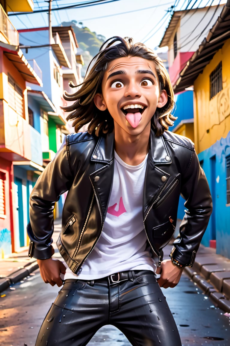 A radiant 16-year-old Brazilian boy poses confidently in a vibrant Rio de Janeiro Favela setting, his joyful face illuminated by warm sunlight. His comical expression features a wide-open mouth with a pink tongue sloping to the side, amplified by carefree charm and a sleek leather jacket. Undercut spikes frame wet hair as he strikes a pose, surrounded by the bright colors of the Favela backdrop. He wears black leather jeans and boots, his energetic vibe popping against the lively urban scenery.