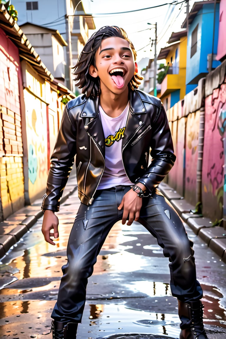 Confident 16-year-old Brazilian boy poses in Rio de Janeiro Favela, warm sunlight illuminating his joyful face with a comical expression: wide-open mouth, pink tongue sloping to the side. Sleek leather jacket and undercut spikes frame wet hair. He sports black leather jeans and boots, energetic vibe popping against vibrant Favela backdrop. Fit, slim physique showcases defined muscles in action.,t0j1