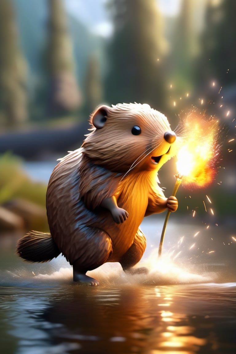 A side view of a cute beaver walking along the river. It's tail up and showing it's butt to the viewer, huge multicolored lights exploding from his butt indicating a large fart. Surrounded by nature. Cinematic, masterpiece, realistic.,Explosion Artstyle