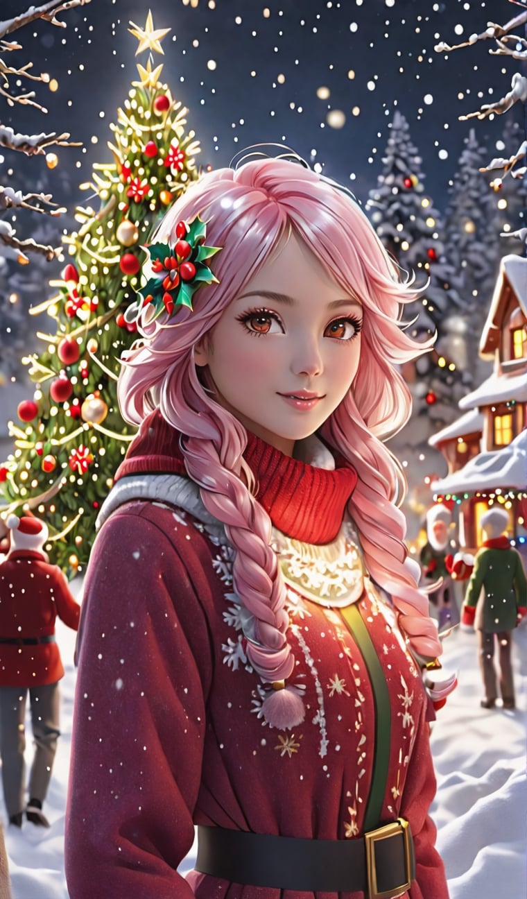 Christmas Carols, singers ((5 people epiphany singers christmas)) holding the christmas partiture standing in the christmas village)), happy, expressive eyes, snowflakes, Christmas tree and gifts, full body, (masterpiece, top quality, best quality, official art, beauty and aesthetics: 1.2), (abstract, fractal art: 1.3), colorful pink hair, Highest details, detailed_eyes, fire, water, ice, lightning, light particles, Christmas style clothing, Christmas tree, string of Christmas light bulbs, Christmas red flowers, beautiful lines, determined eyes, flowers, detailed face, detailed eyes , brilliant blooming flowers and romantic lights as the background, presents everywhere