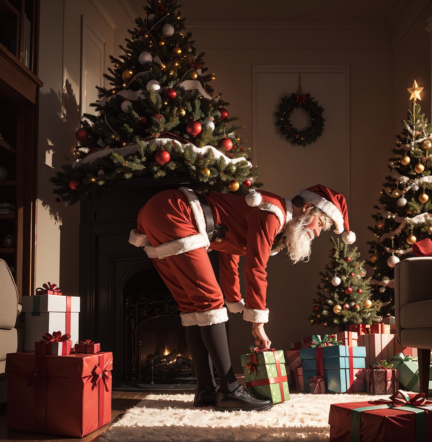 (masterpiece),((best quality)),(ultra detailed),(Santa Claus bent over and placing gift under the tree),(Santa Claus),(Christmas Tree),(Presents),(((Presents))), cozy living room,Best illustration,ultra-high resolution,wallpaper,UHD,Santa Claus focus,Indirect lighting, ((beautiful)),More Detail,(front view),Illustration,