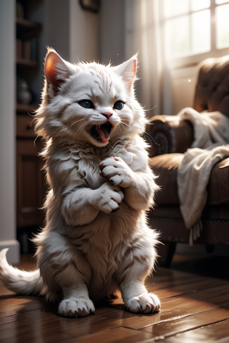 A cute white cat, licking his paw, living room back ground, cinematic lighting, dramatic, magestic, masterpiece