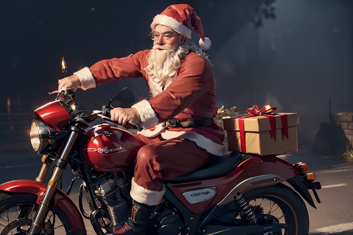  (((super detail face))), ((big pack:0.8)), ((Justin Hartley:0.3), (Orlando Bloom:0.7)), (hi-top fade:1.3), red clothes, soothing tones, muted colors, high contrast, colombian, (natural skin texture, hyperrealism, soft light, sharp), ((((young santa riding a motorcyle, short facial hair, The lighting is perfect, casting a soft glow on his features and creating a sense of depth and dimension.)))), santa hat, dg_Jusin,Sexy Muscular, perfect hand, perfect fingers, perfect face, dynamic poses, (red long pant). Santa coat, shaded goggles, large red sack filled with presents behind him