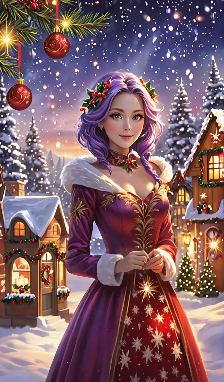 Christmas Carols, singers ((5 people epiphany singers christmas)) holding the christmas partiture standing in the christmas village)), happy, expressive eyes, snowflakes, Christmas tree and gifts, full body, (masterpiece, top quality, best quality, official art, beauty and aesthetics: 1.2), (abstract, fractal art: 1.3), colorful purple hair, Highest details, detailed_eyes, fire, water, ice, lightning, light particles, Christmas style clothing, Christmas tree, string of Christmas light bulbs, Christmas red flowers, beautiful lines, determined eyes, flowers, detailed face, detailed eyes , brilliant blooming flowers and romantic lights as the background, presents everywhere