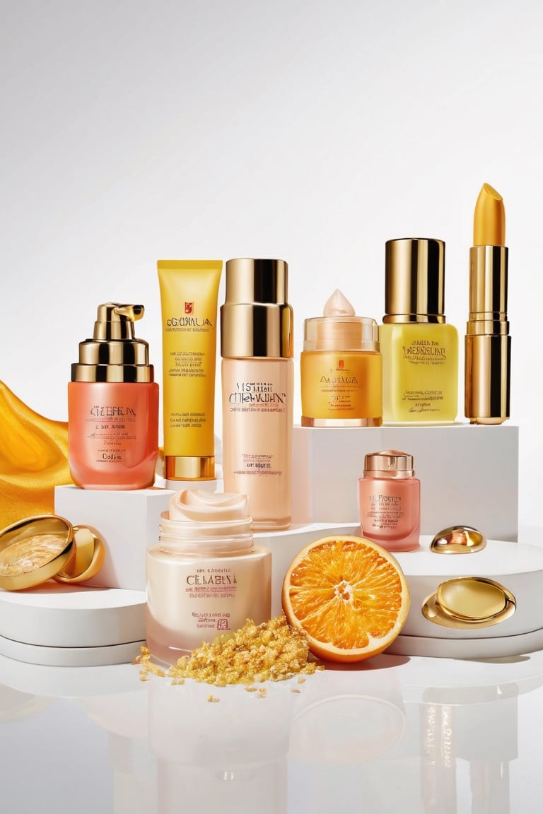 (best quality,8K,highres,masterpiece), ultra-detailed, studio photography of a luxury cosmetic skincare product against a pristine white background. The product is meticulously arranged to showcase its pancy layers of bright color.  Each part is captured with precision, highlighting its texture, color, and freshness. The clean white background provides a minimalist backdrop, This studio photograph is a testament to the artistry of food photography, inviting viewers to savor every detail of the delectable cosmetic product.