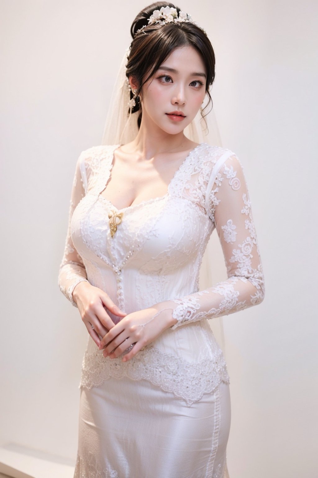 full body shot, full body shot, wide angle shot, cute girl in beautiful white wedding dress, polaroid photo, full body shot, full body, dynamic pose, (girl in suit, thin nose), (wearing beautiful white wedding dress:1.9), very black Long hair, (ponytail hairstyle: 1.4), (anxious face: 1.3), (Agao face: 1.1), (blush: 1.4), (real skin), (wedding background: 1.8),High quality texture, intricate details, detailed texture, High quality shadow, a realistic representation of the face, Detailed beautiful delicate face, Detailed beautiful delicate eyes,a face of perfect proportion, Depth of field, perspective,(big eyes:0.8), perfect body,distinct_image, (finely detailed beautiful eyes and detailed face), light source contrast,photorealistic, realistic,// realistic skin, slim waist, small hight, slim body, (huge breasts:1.2),(gigantic breasts:1.3),(pureerosface_v1:0.5) , (ulzzang-6500-v1.1:0.5),asian girl,ahg, side,kebay4