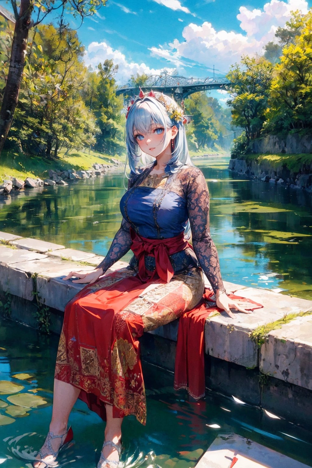 8K HDR image of a beautiful woman with long hair wearing traditional Indonesian kebaya, sitting beside a flowing river. Ensure the surroundings depict a picturesque,