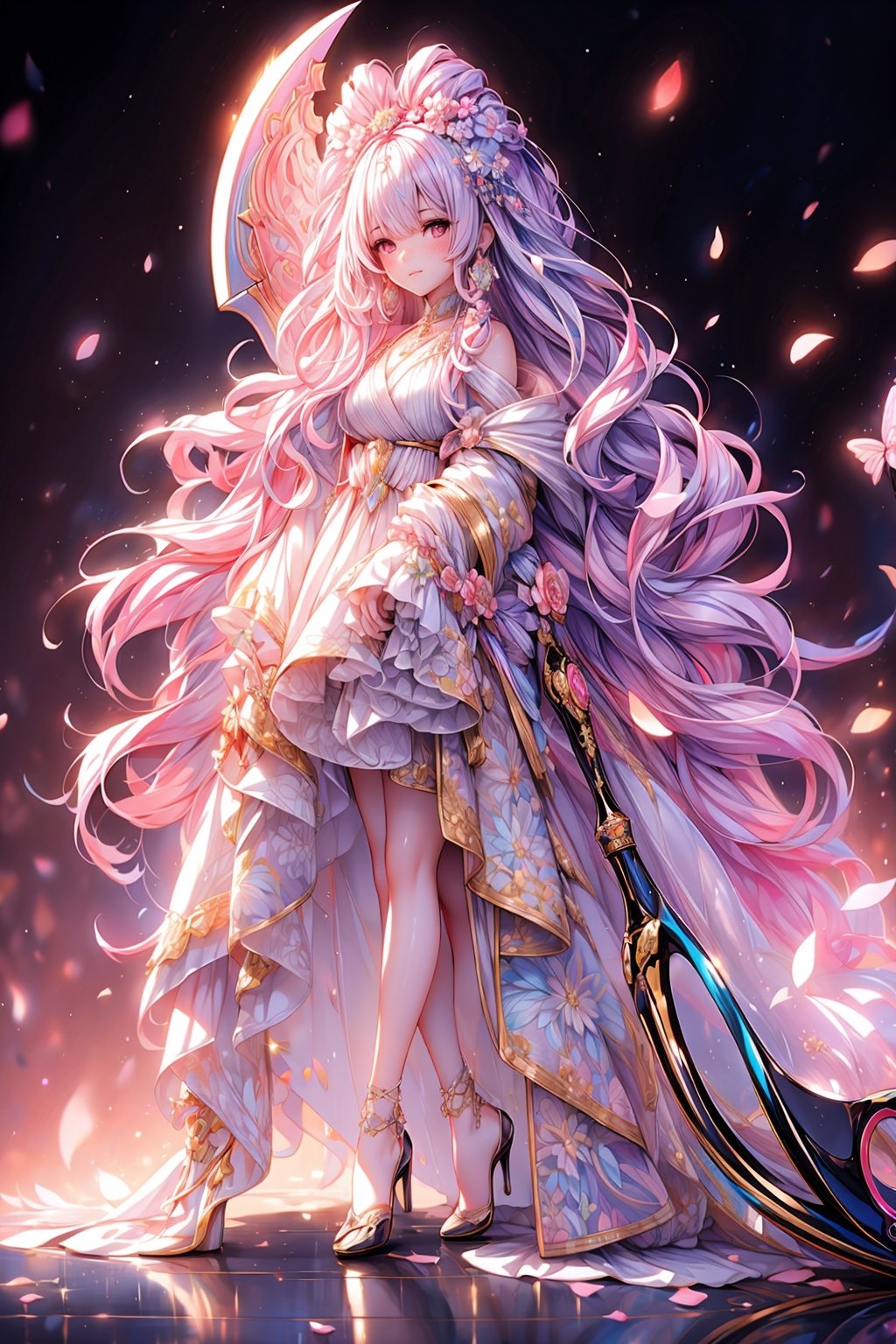 vibrant colors, female, masterpiece, sharp focus, best quality, depth of field, cinematic lighting, ((twin, adult woman)), (illustration, 8k CG, extremely detailed), masterpiece, ultra-detailed, 2 girl, long hair, black_purple_white hair, braids, red eyes, floral elegance, draped in a clothes crafted entirely from a myriad of multicolored flowers, a girl radiates elegance with ornate earrings and a decorative floral accent adorning her hair. The detailed illustration captures the enchanting scene, where the beauty of nature intertwines with the sophistication of an elegant ensemble. Her hair, styled with grace, frames her face in a cascade of intricate waves. The floral jacket, a kaleidoscope of colors, accentuates her regal presence. The ornate earrings add a touch of refinement, and the floral hair decoration becomes a delicate Hairpin, harmonizing with the vibrant hues of the blossoms, illustration paints a captivating portrait of a girl embodying the splendor of nature and the refinement of elegance. The floral pajamas becomes a living canvas of colors, creating a scene of timeless beauty and botanical sophistication. Sea of Flower. ,Nice legs and hot body,perfect,sleeping on person,
,1 girl, ((scythe))