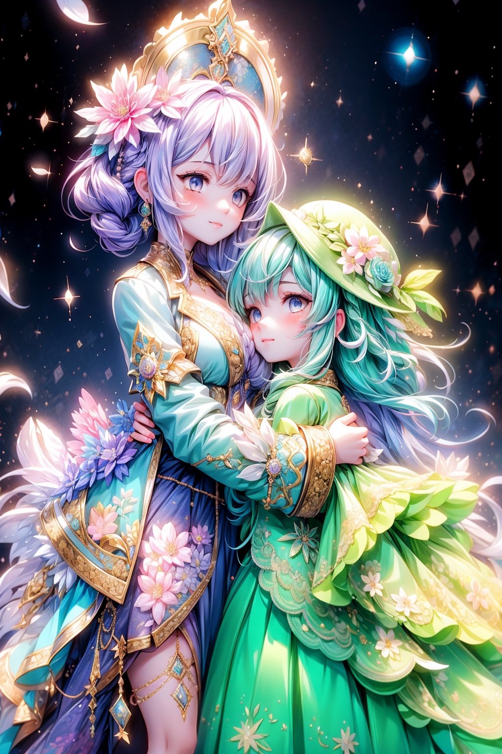 vibrant colors, female, masterpiece, sharp focus, best quality, depth of field, cinematic lighting, ((duo, adult woman)), (illustration, 8k CG, extremely detailed), masterpiece, ultra-detailed, 2 girls, short hair, blue_blue_purple hair, Mane, blue eyes, Lake, floral elegance, draped in a jacket crafted entirely from a myriad of multicolored flowers, a girl radiates elegance with ornate earrings and a decorative floral accent adorning her hair. The detailed illustration captures the enchanting scene, where the beauty of nature intertwines with the sophistication of an elegant ensemble. Her hair, styled with grace, frames her face in a cascade of intricate waves. The floral jacket, a kaleidoscope of colors, accentuates her regal presence. The ornate earrings add a touch of refinement, and the floral hair decoration becomes a delicate hat, harmonizing with the vibrant hues of the blossoms, illustration paints a captivating portrait of a girl embodying the splendor of nature and the refinement of elegance. The floral jacket becomes a living canvas of colors, creating a scene of timeless beauty and botanical sophistication Lake. ,Nice legs and hot body,perfect, perfect hand, perfect hands, perfect finger, perfect fingers, 
,1 girl, pillow hug,pillow hug