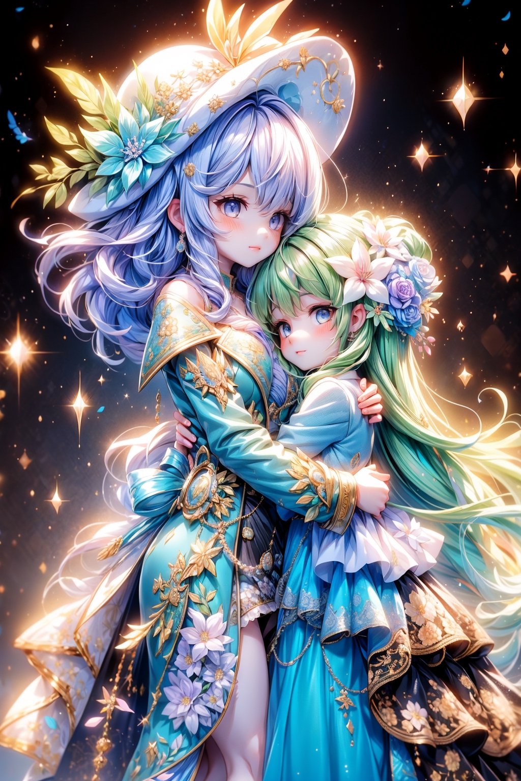 vibrant colors, female, masterpiece, sharp focus, best quality, depth of field, cinematic lighting, ((duo, adult woman)), (illustration, 8k CG, extremely detailed), masterpiece, ultra-detailed, 2 girls, short hair, blue_blue_purple hair, Mane, blue eyes, Lake, floral elegance, draped in a jacket crafted entirely from a myriad of multicolored flowers, a girl radiates elegance with ornate earrings and a decorative floral accent adorning her hair. The detailed illustration captures the enchanting scene, where the beauty of nature intertwines with the sophistication of an elegant ensemble. Her hair, styled with grace, frames her face in a cascade of intricate waves. The floral jacket, a kaleidoscope of colors, accentuates her regal presence. The ornate earrings add a touch of refinement, and the floral hair decoration becomes a delicate hat, harmonizing with the vibrant hues of the blossoms, illustration paints a captivating portrait of a girl embodying the splendor of nature and the refinement of elegance. The floral jacket becomes a living canvas of colors, creating a scene of timeless beauty and botanical sophistication Lake. ,Nice legs and hot body,perfect, perfect hand, perfect hands, perfect finger, perfect fingers, 
,1 girl, pillow hug,pillow hug