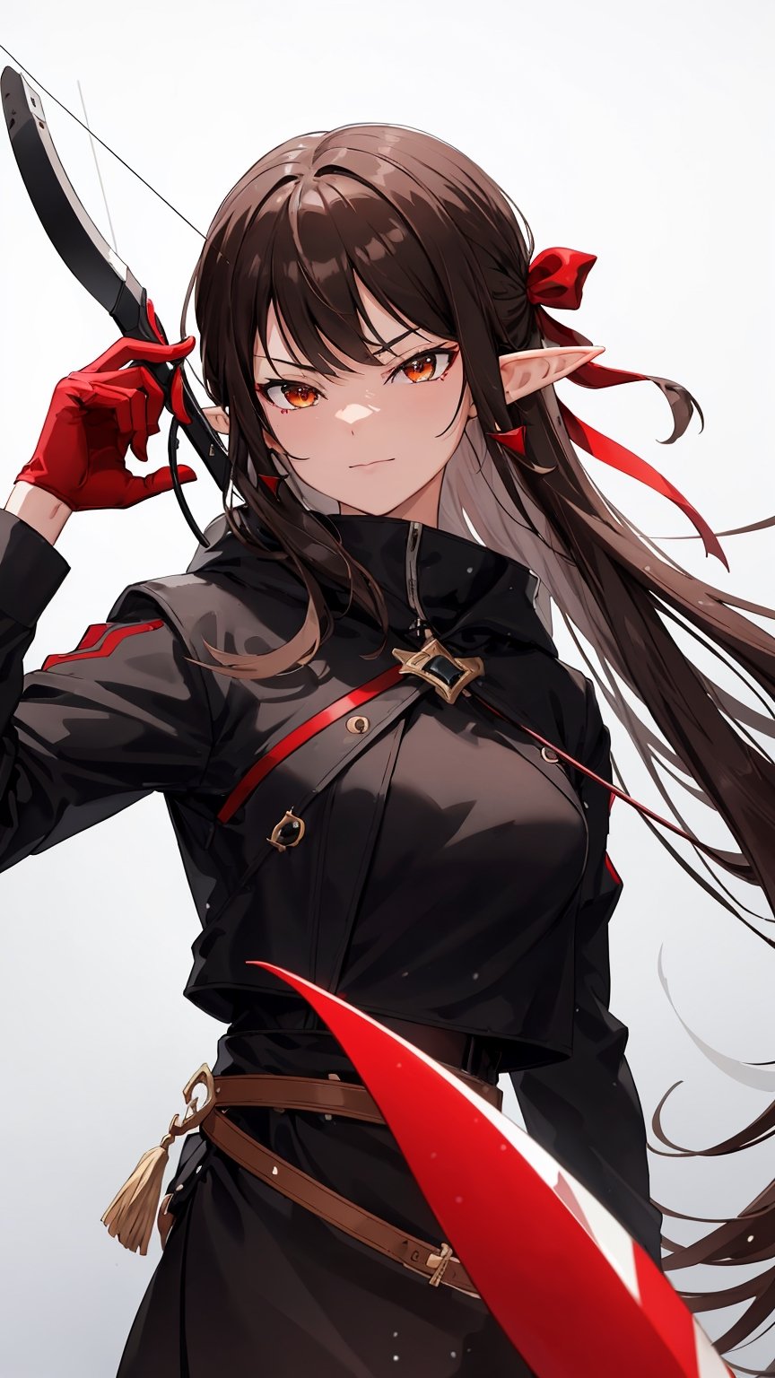 ,//Quality,
Masterpiece, Best Quality, Detailed, (Depth Of Field:1.2), Depth_Of_Field
,//Character,
1girl, solo, Pissed Off Facial, Evil Smirk, long hair, Elf Ear, Brown_Brown_Grey Hair, shiny hair, brown eyes, ((Brown Eye)), brown eye colour, bangs, Red Hair Ribbon, Medium Breasts
,//Fashion,
Red Spade Earring, Black Jacket, Black_Black_Red Jacket, White Hoodie, Black_Black_Red Witch Robe, Black_Black_Red Pants, Recurve Bow On The Back
,//Background,
Snow Mountain Dragon
,//Others,
Recurve Bow On The Back, colorful,Void volumes,modern,design,mounted archery