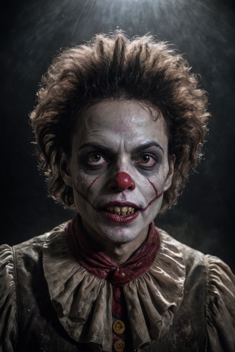 Potrait, a Michael Jackson as Killer Clown in the dark background, sharp gaze, angry face, decay process, fog, scifi horror film, Dreamy Surreal, scp087, film, sunlight, detailed textures, highly realistic 66mm film analog photography, night, grainy, color, highly detailed and intricate, exquisite detail, epic, dramatic, cinematic lighting, high contrast, photo realistic, haze film grain effect, stylish makeup, horror scene, side_view