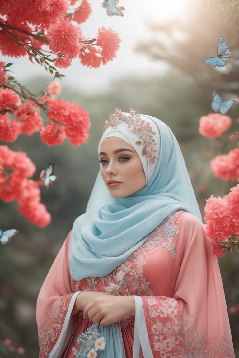 Best Quality, Work, Ultra High Resolution, Realistic, Highly Detailed Face, 8k resolution, Sundanese style, A woman,(wearing hijab 1.2), Serene, Light Red Hanfu, Light Blue Fringed Hijab Ornament, Hijab clip, White Flower Bush, light Butterfly, blooming flower, real pic, 8k resolution 