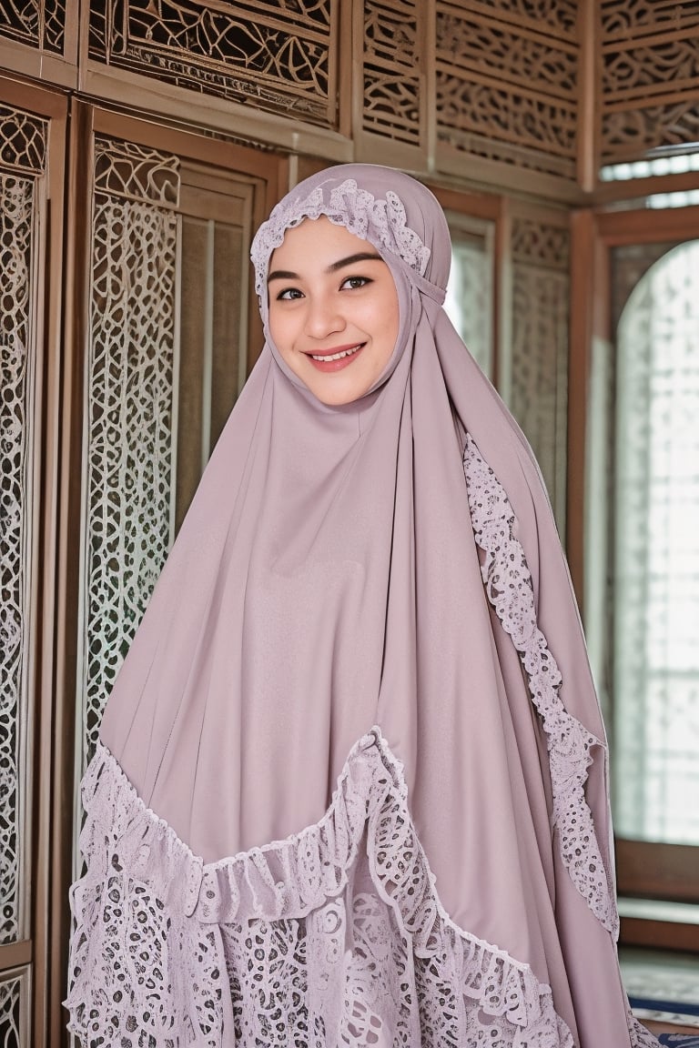 (mukena), 1 girl, 40 year, smile, using a PRAYER HIJAB frilly, prayer room background, real_life, from_behind_view