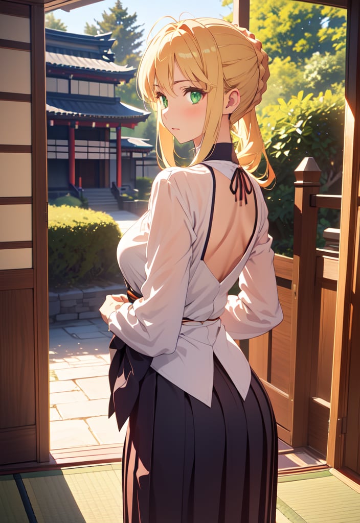 A serene moment: Artoria Pendragon stands regally before a traditional Japanese-school building's vermilion gate, her piercing green eyes aglow with intellect. Framed by vermilion pillars and lush greenery, her curly blond locks cascade down her back, reflecting the warm sunlight that casts a gentle glow on her crisp white blouse and pleated skirt. Her slender figure is accentuated by the surrounding architecture as she poses confidently, exuding modesty and poise.