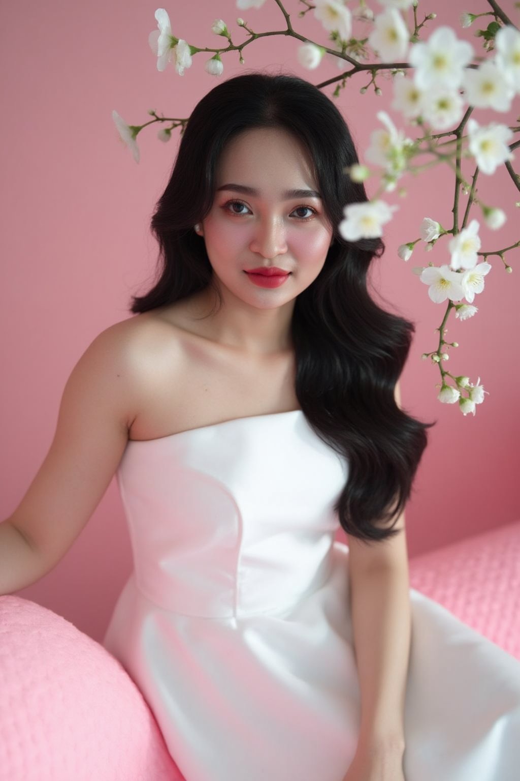 bichngoc,(Daylight), A beautiful young woman with long black hair, wearing a pristine white dress, sits on a giant pink snake. She stares into the camera with mysterious and alluring eyes. The background is a soft pink room, with white blossoms blooming around her. The light is soft, creating a romantic and dreamy atmosphere. Photo style: portrait, pastel colors, vintage style, photography techniques: film, vintage lens, lens details: bokeh. Resolution: 8k, photo quality: like a photograph.
