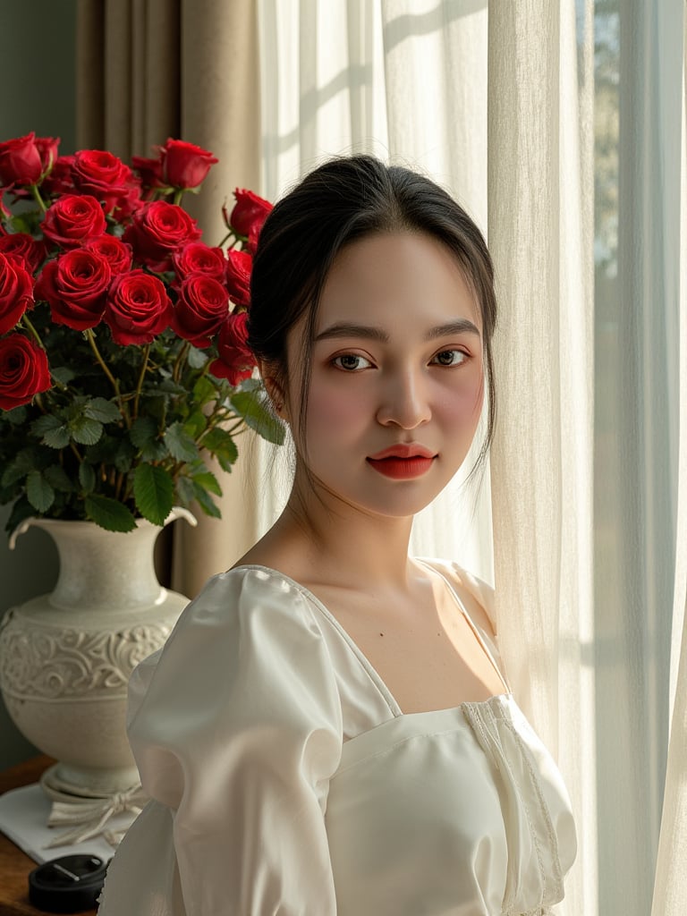 A serene, beautiful girl in a pristine white dress stands beside a large vase overflowing with vibrant red roses. The morning sunlight streams into the room, creating a magical, ethereal atmosphere. The girl gazes directly at the camera, her eyes radiating tranquility and peace. The painting is rendered in the style of Annie Leibovitz's photography, utilizing professional portrait techniques, natural lighting, and vibrant colors. The image has an 8k resolution, with sharp details, creating the impression of a real photograph, bichngoc, livingroom, indochine