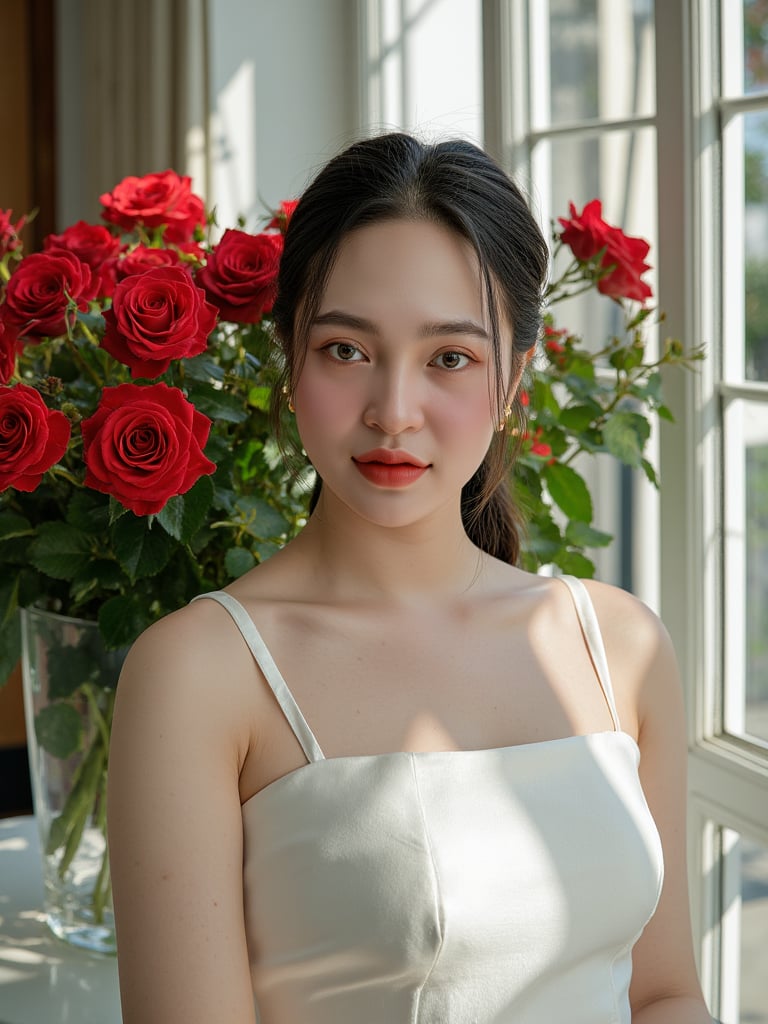 A serene, beautiful girl in a pristine white dress stands beside a large vase overflowing with vibrant red roses. The morning sunlight streams into the room, creating a magical, ethereal atmosphere. The girl gazes directly at the camera, her eyes radiating tranquility and peace. The painting is rendered in the style of Annie Leibovitz's photography, utilizing professional portrait techniques, natural lighting, and vibrant colors. The image has an 8k resolution, with sharp details, creating the impression of a real photograph, bichngoc, livingroom, indochine