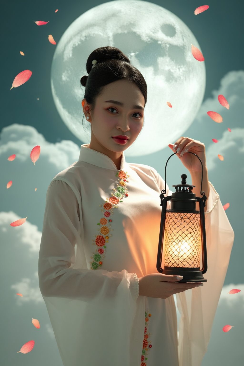 This is a highly detailed, digital artwork depicting a young woman in traditional East Asian attire, standing amidst a mystical, cloud-filled landscape. The woman is of East Asian descent, with delicate features and smooth, fair skin. She has a serene expression and is dressed in a flowing, white silk robe adorned with intricate embroidery and vibrant orange and green accents. Her hair is styled in an elaborate updo with ornate hairpins, showcasing traditional East Asian hairstyles.She holds a lantern with a glowing, warm light in her right hand, casting a soft, golden glow around her. The lantern is intricately designed with a lattice pattern and has a black metal frame. Around her, petals of various shades of pink and orange gently float in the air, adding to the ethereal atmosphere. The background features a massive, full moon, which dominates the scene with its silvery light, casting a dreamlike glow on the clouds and the woman's attire.The clouds are fluffy and white, giving the impression of floating on a cloud. The overall composition is rich in texture and color, blending traditional East Asian aesthetics with a fantastical, celestial setting. The image is a harmonious blend of realism and fantasy, capturing a moment of tranquility and magic, bichngoc
