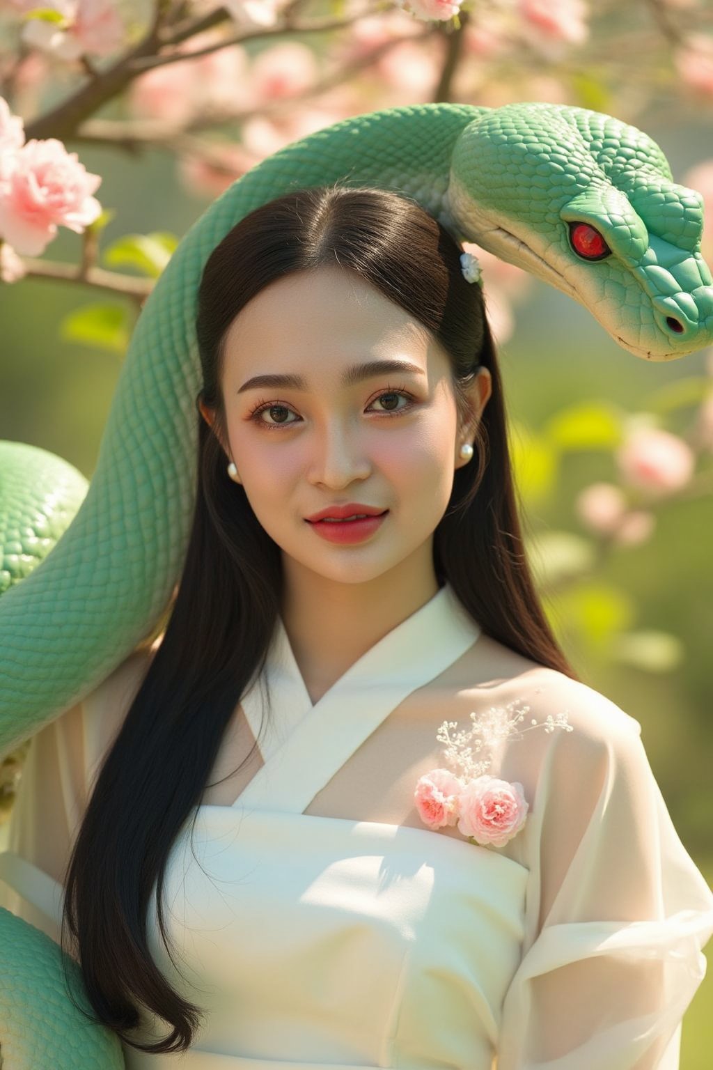 bichngoc, Giant snake, (Daylight), A young woman with long black hair, large brown eyes, wearing a delicate white kimono with light pink flower embroidery. She stands amidst a blooming peach blossom garden, her beauty enhanced by the warm yellow sunlight. Behind her is a jade green snake with bright red eyes, like a protective deity.  Photo style: pastel, vintage, film photograph style, high definition 8k, realistic detail like a photo. Lens: 50mm, aperture f/2.2, using bokeh photography technique.
