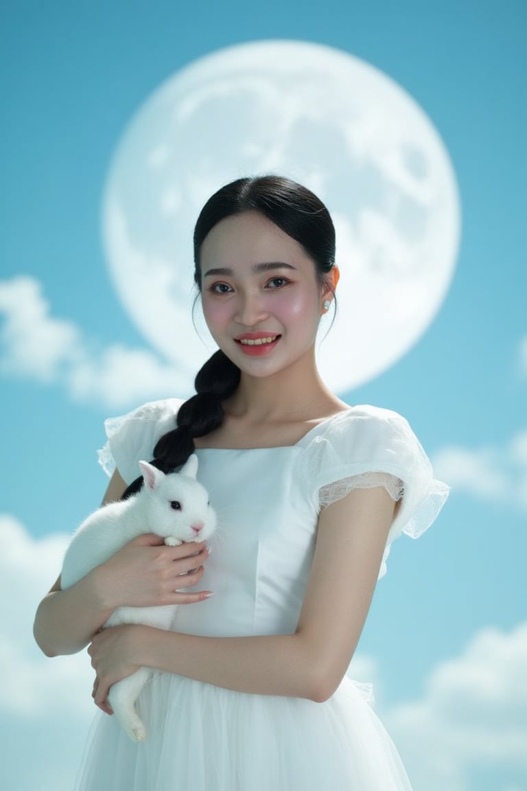 bichngoc,A beautiful girl wearing a pure white dress, with long black hair braided neatly, holding a small white rabbit, standing on a blue sky with fluffy white clouds, a bright full moon behind her. Soft light, pastel colors, classic style, intricate details, portrait photography technique, 8k resolution, Annie Leibovitz photography style.
