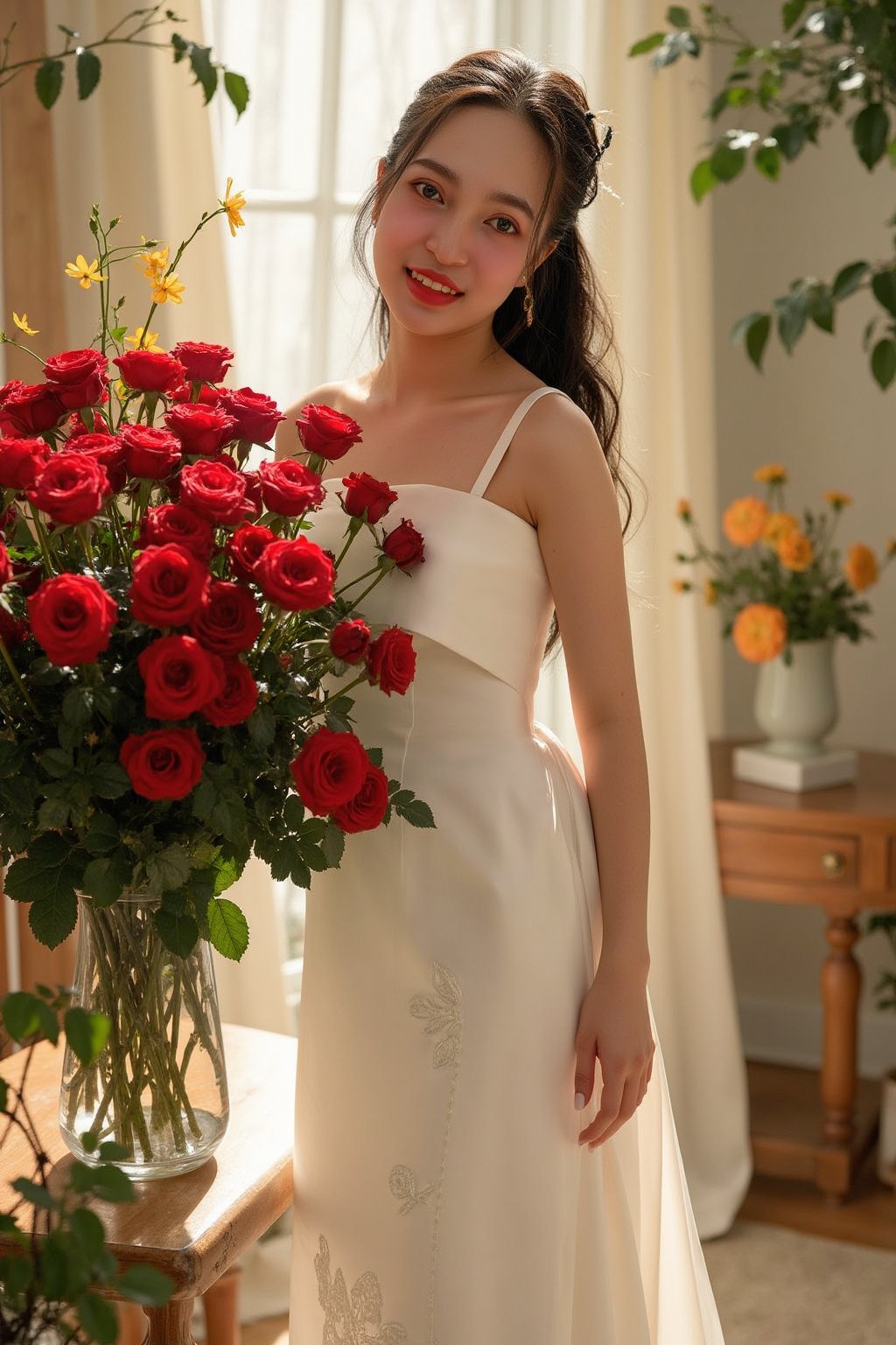 A serene, beautiful girl in a pristine white dress stands beside a large vase overflowing with vibrant red roses. The morning sunlight streams into the room, creating a magical, ethereal atmosphere. The girl gazes directly at the camera, her eyes radiating tranquility and peace. The painting is rendered in the style of Annie Leibovitz's photography, utilizing professional portrait techniques, natural lighting, and vibrant colors. The image has an 8k resolution, with sharp details, creating the impression of a real photograph, bichngoc