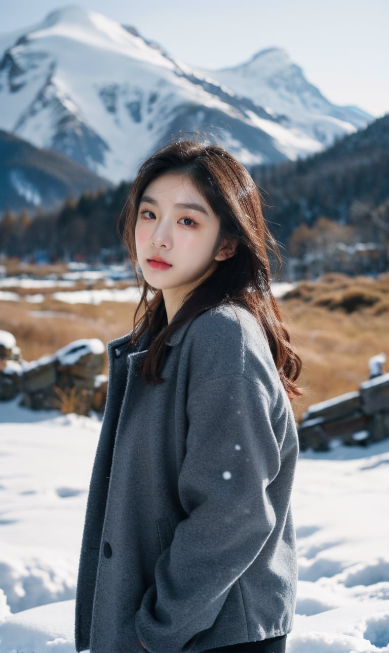 cute girl, winter jacket fashion, RAW photo, realistic, masterpiece, best quality, beautiful skin,
snowy mountains background, 50mm, medium full shot, ,goyoonjung, outdoor, photography, Portrait