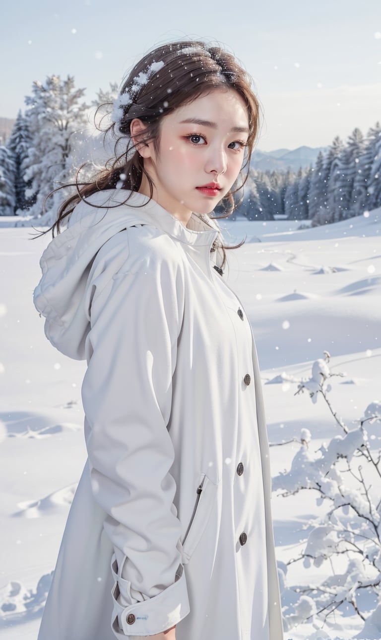 cute girl, white winter coat, RAW photo, realistic, masterpiece, best quality, beautiful skin,
snow_scene_background, medium full shot, ,goyoonjung