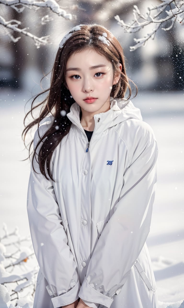 cute girl, white winter coat, RAW photo, realistic, masterpiece, best quality, beautiful skin,
snow_scene_background, medium full shot, ,goyoonjung