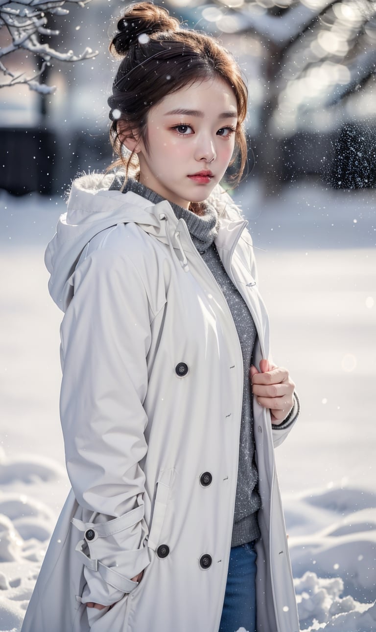 cute girl, white winter coat, RAW photo, realistic, masterpiece, best quality, beautiful skin,
snow_scene_background, medium full shot, ,goyoonjung