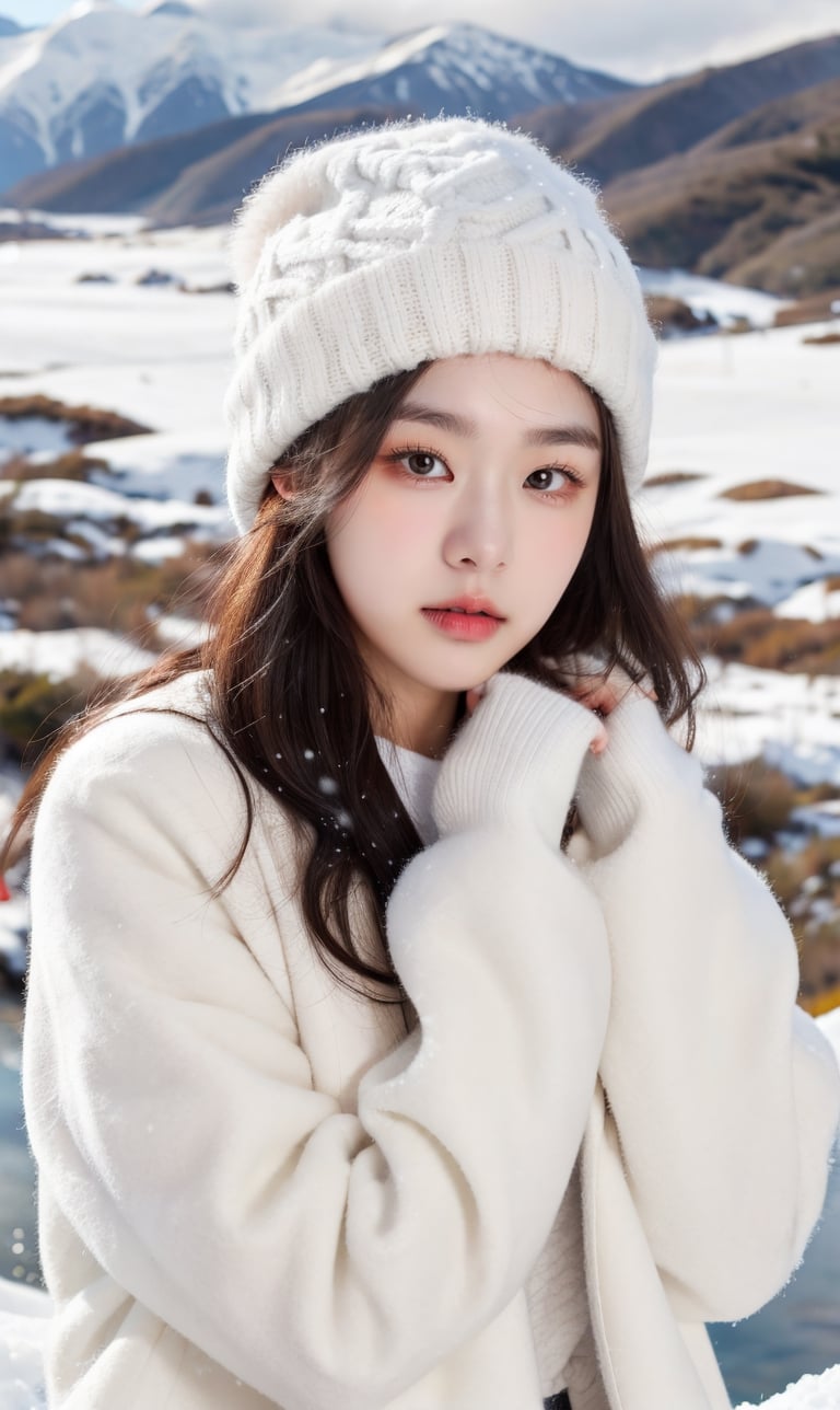 cute girl, winter jacket,wool hat, RAW photo, realistic, masterpiece, best quality, beautiful skin,
snowy mountains background, 50mm, medium full shot, ,goyoonjung, outdoor, photography