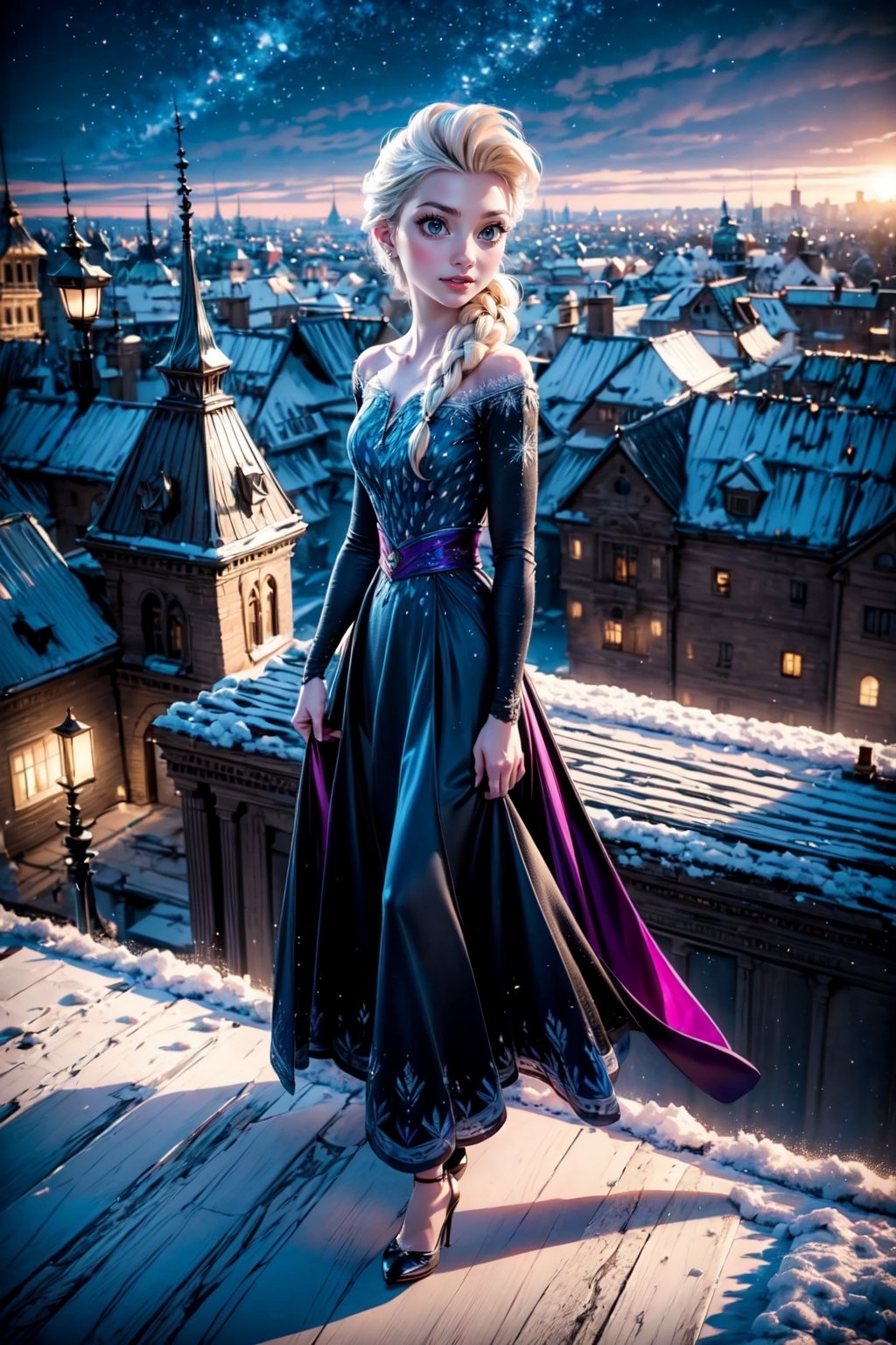 (Alone:1.5), (Solo:1.5), ((Medium full shot:1.5)), realistic, masterpiece,best quality,High definition, (realistic lighting, sharp focus), high resolution,volumetric light, outdoors, dynamic pose, BREAK, a 25 years old woman
on top of a building during a starry night, hair movement, elsa frozen_hair, blue_eyes, focus face,  looking away, Smile, 1 city light, medium breats,elsa frozen, full body, (high heels), (stocking), view from above