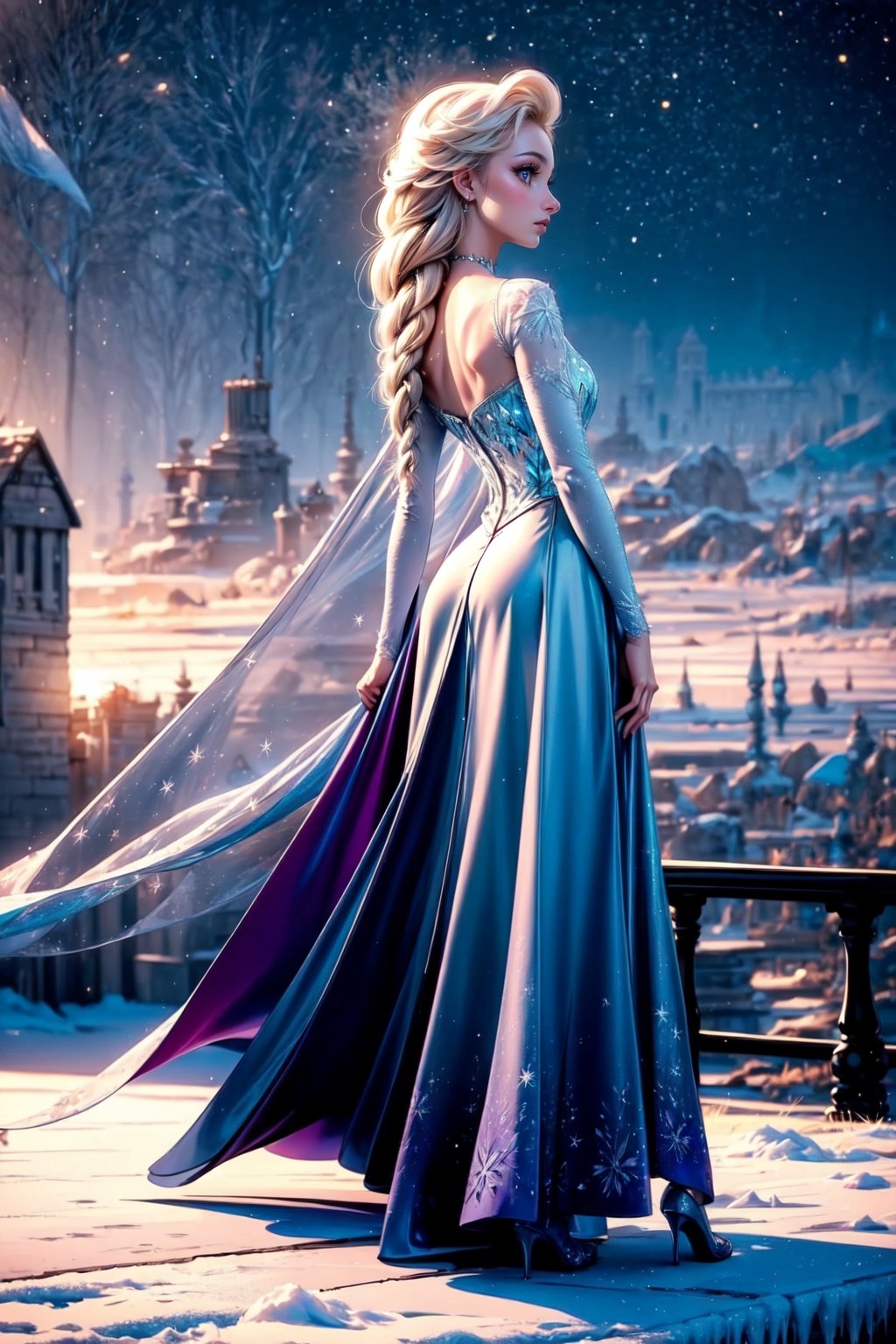 (Alone:1.5), (Solo:1.5), ((Medium full shot:1.5)), realistic, masterpiece,best quality,High definition, (realistic lighting, sharp focus), high resolution,volumetric light, outdoors, dynamic pose, BREAK, a 25 years old woman
on top of a building during a starry night, hair movement, elsa frozen_hair, blue_eyes, focus face,  looking away, Smile, 1 city light, medium breats,elsa frozen, full body, (high heels), (white stocking), view from behind