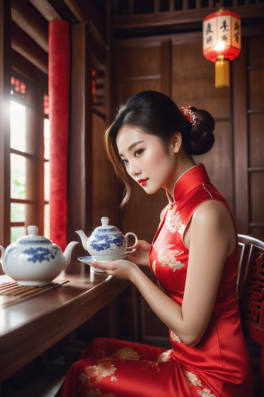 Generate realistic photo image; gorgeous beauty Chinese Woman; beauty super model woman; wearing sexy red cheongsam lingerie; sitting on chair ; preparing a cup of tea; at the bedroom of Tradisional wooden house; dusty; Ray of light; Bokeh photo image; real photo image; wide angle view photo image; high quality photo image; very detail; Sharp photograp ; Leonardo AI photo real effect ; cinematic