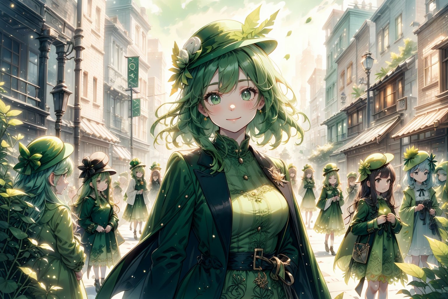 Masterpiece, beautiful details, perfect focus, uniform 8K wallpaper, high resolution, exquisite texture in every detail,full body shot,multiple (7+girls:1.5),
celebrate St.Patrick's day,St. Patrick's Day Parade,Historic street of Medieval Ireland,cute leprechaun costume,,(little green silk hat:1.5),(green dress:1.5),(dark green tailcoat:1.5),
1 girl,(upper body:1.5), smile,dot nose, light green hair, hair between the eyes, medium breasts, solo, photorealistic,Cute girl,