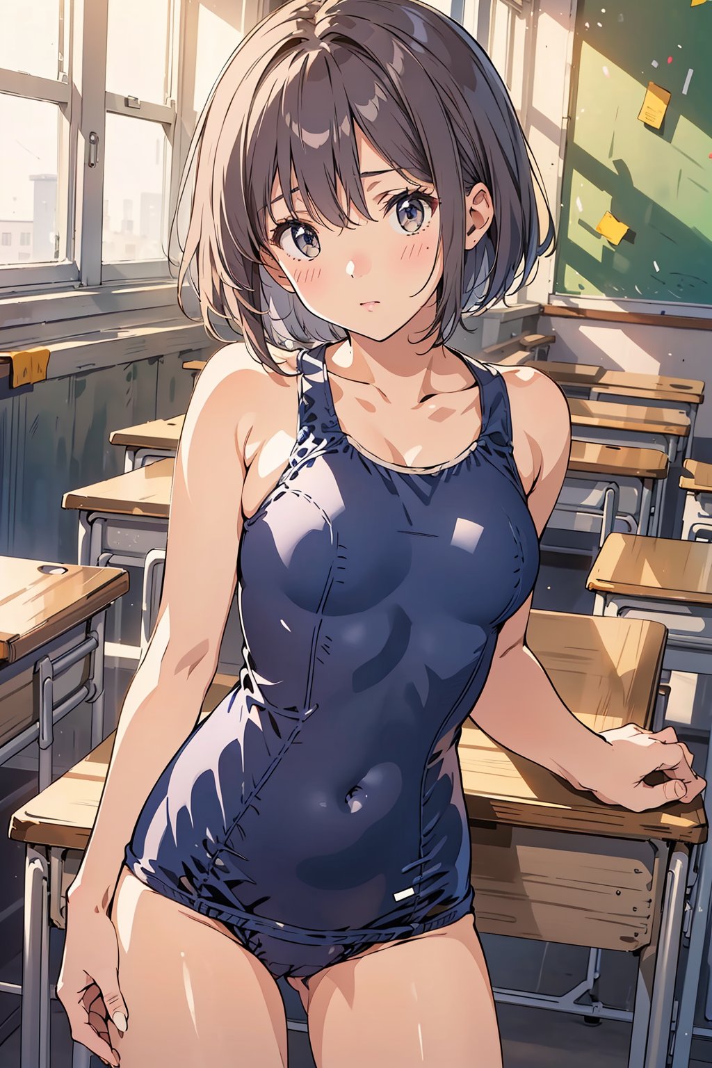 ((navy blue school swimsuit)), short hair, medium breasts,on the desks lined up in the classroom, standing, ((resting her crotch on the edge of a corner of the desk)), Masturbating on the edge of a desk corner,