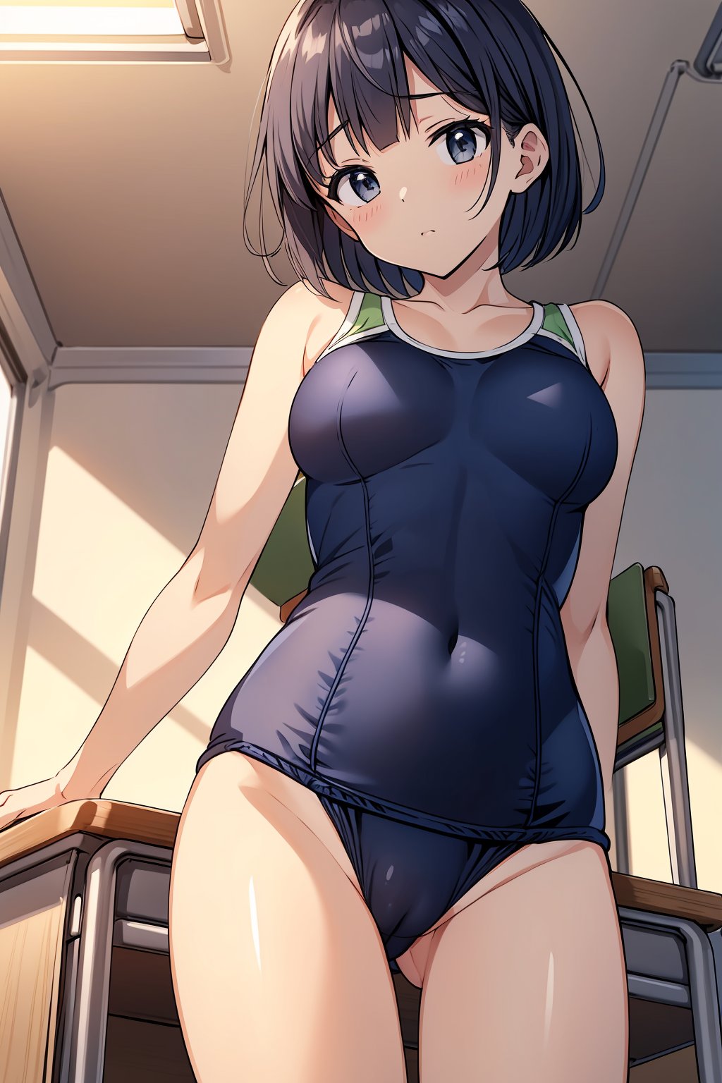 ((navy blue school swimsuit)), short hair, medium breasts,on the desks lined up in the classroom, standing, ((resting her crotch on the edge of a corner of the desk)), Masturbating on the edge of a desk corner,