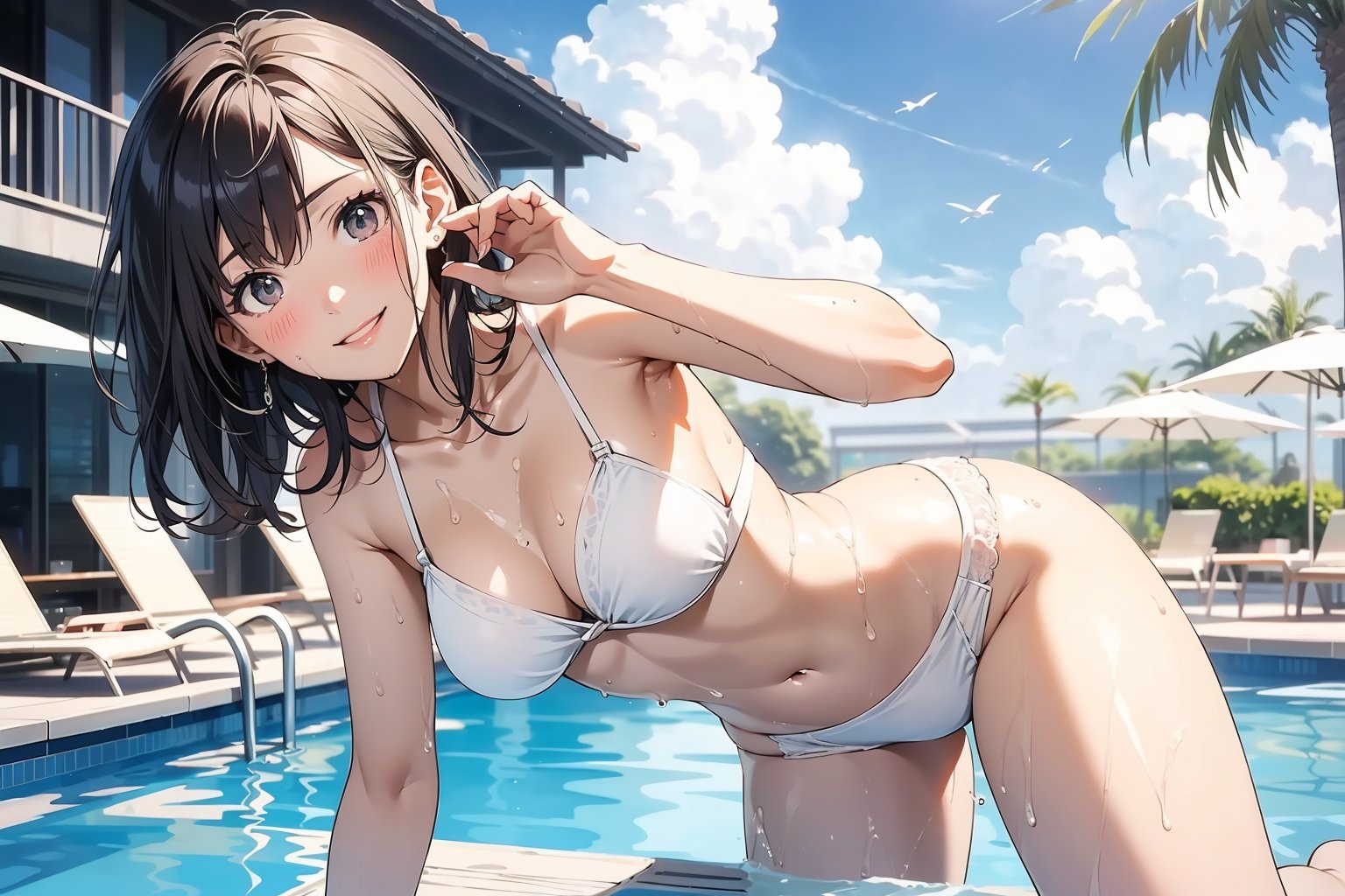 (colored pencil drawing)1.3,(official art)1.4,(sexy Girl)1.4,(wearing underwear)1.4,(sweat)1.4,(tanned skin)1.4,(untanned white skin)1.3,anime visual,(1girl),(stand at the pool side)1.4,resort hotel pool,summer,(fun,enjoy,smile)1.3,(resort hotel), ,daytime sun light,blue sky and white clouds,summer,(Gravure shooting scenery)1.3,,soft clean focus,soft clean focus, realistic lighting and shading, (an extremely delicate and beautiful art)1.3, elegant,active,dynamism pose