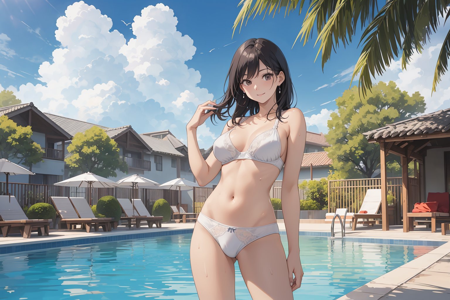 (colored pencil drawing)1.3,(official art)1.4,(sexy Girl)1.4,(wearing underwear)1.4,(sweat)1.4,(tanned skin)1.4,(untanned white skin)1.3,anime visual,(1girl),(stand at the pool side)1.4,resort hotel pool,summer,(fun,enjoy,smile)1.3,(resort hotel), ,daytime sun light,blue sky and white clouds,summer,(Gravure shooting scenery)1.3,,soft clean focus,soft clean focus, realistic lighting and shading, (an extremely delicate and beautiful art)1.3, elegant,active,dynamism pose