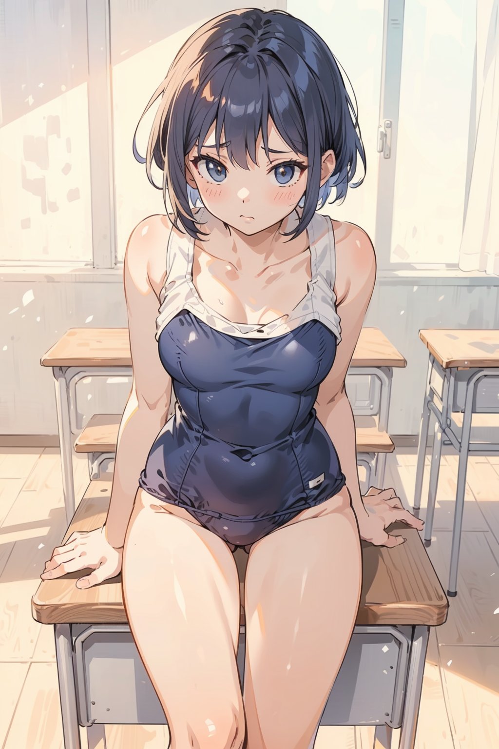 ((navy blue school swimsuit)), short hair, medium breasts,on the desks lined up in the classroom, standing, ((resting her crotch on the edge of a corner of the desk)), Masturbating on the edge of a desk corner,