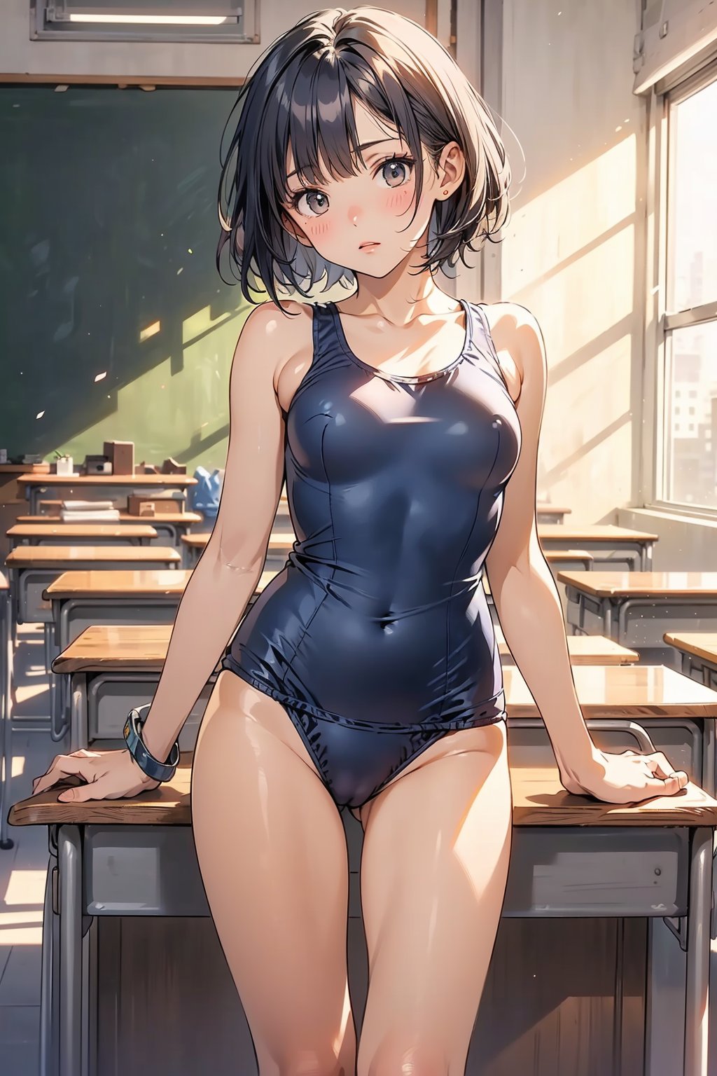 ((navy blue school swimsuit)), short hair, medium breasts,on the desks lined up in the classroom, standing, ((resting her crotch on the edge of a corner of the desk)), Masturbating on the edge of a desk corner,