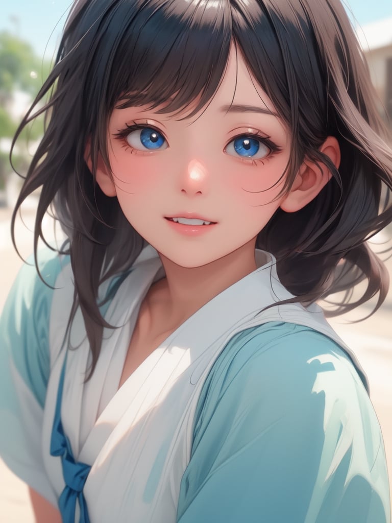 masterpiece, top quality, best quality, beautiful and aesthetic,(soft focus:2.0),(Diagonal front angle:1.5), shot from the chest up,(closeup to face:1.5),(soft focus:2.0),watercolor,
//Character
1girl,cute,kawaii,smile,japanese teenager,smiling,
BREAK
Beautiful face, smile, High detail RAW color photo professional close-up photo, realistic, highest quality, best shadow, best illustration, ultra high resolution, highly detailed CG unified 8K wallpapers, big round eyes, absurdres, highres,  looking at viewer, happy, white , (laugh:1.1), silky skin, beautiful eyes, focus on eyes, beautiful smile line, big blue eyes, shiny hair, petite, Large eyes and eyelashe, ultra detailed background, black hair, squatting, petite, wavy hair, (school uniform:1.1). 12years old, street, (half closed eyes:1.1)