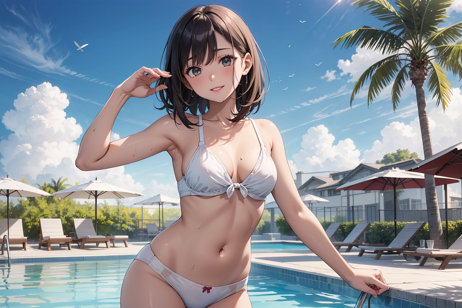 (colored pencil drawing)1.3,(official art)1.4,(sexy Girl)1.4,(wearing underwear)1.4,(sweat)1.4,(tanned skin)1.4,(untanned white skin)1.3,anime visual,(1girl),(stand at the pool side)1.4,resort hotel pool,summer,(fun,enjoy,smile)1.3,(resort hotel), ,daytime sun light,blue sky and white clouds,summer,(Gravure shooting scenery)1.3,,soft clean focus,soft clean focus, realistic lighting and shading, (an extremely delicate and beautiful art)1.3, elegant,active,dynamism pose