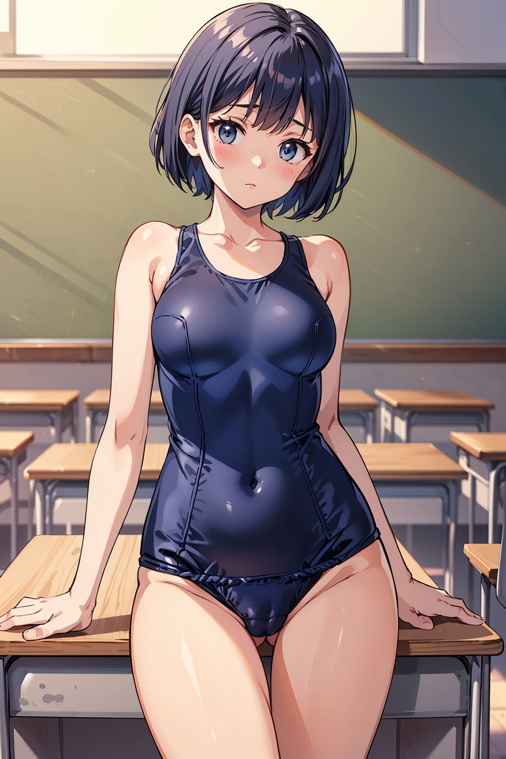 ((navy blue school swimsuit)), short hair, medium breasts,on the desks lined up in the classroom, standing, ((resting her crotch on the edge of a corner of the desk)), Masturbating on the edge of a desk corner,