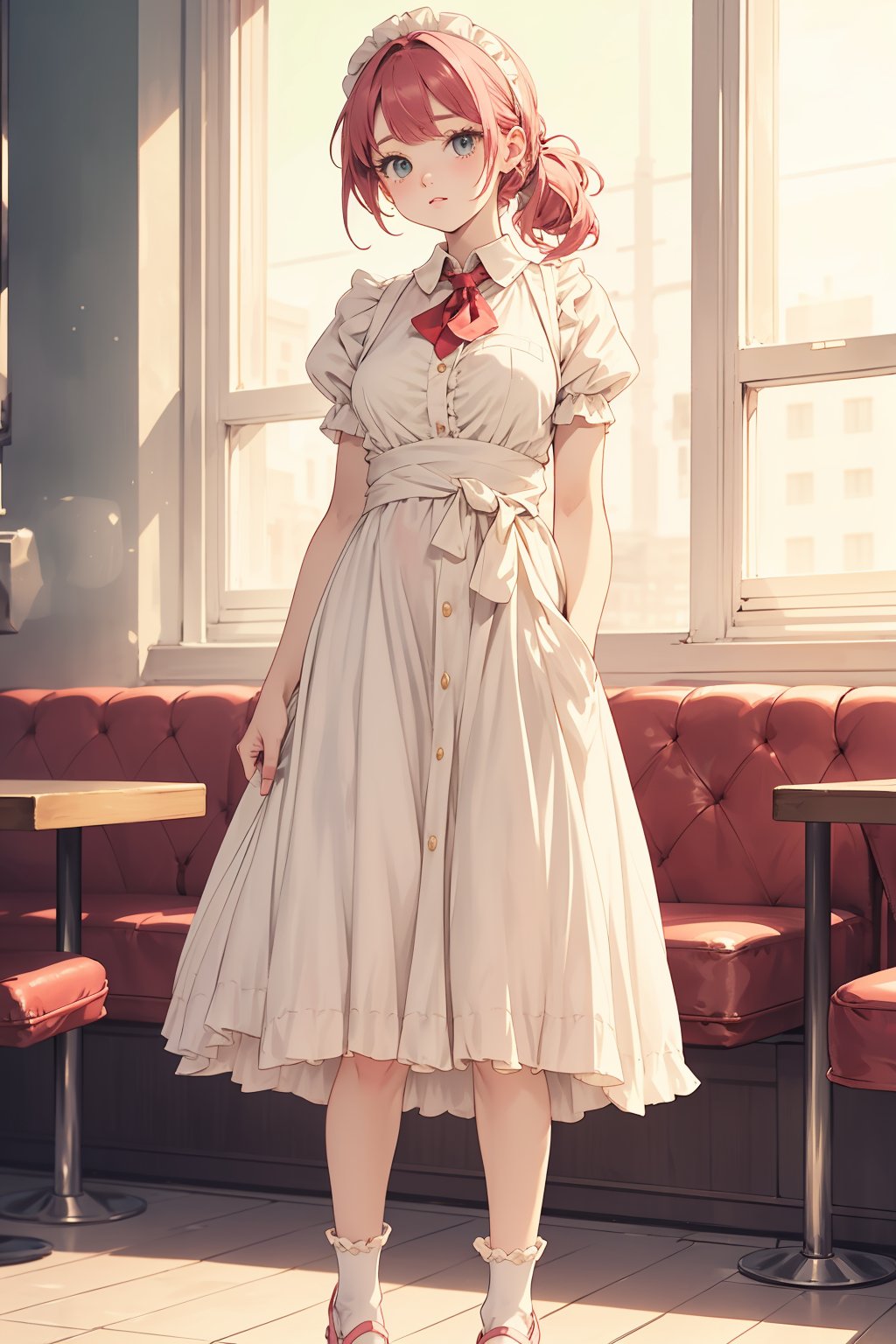 masterpiece, top quality, best quality, beautiful and aesthetic,
(from front:1.5),standing,
watercolor,(soft focus:2.0), looking at viewer,
BREAK,
(daydream:1.2),best lighting,  bokeh,  lens flare, 
Retro Diner Waitress Outfit
This outfit is inspired by classic American diners from the 1950s, The waitress dress is a bright pastel color, such as mint green or baby pink, with white piping and accents, The dress is knee-length with a full, flared skirt, creating a fun and playful silhouette, The bodice features a fitted waist, a rounded collar, and short puff sleeves, 
BREAK
A white apron with frilly edges ties around the waist, adorned with a small pocket for holding a notepad and pen, The look is completed with white, lace-trimmed ankle socks and comfortable, low-heeled, Mary Jane shoes, The hairstyle is a neat updo or ponytail, accessorized with a matching headband or hair scarf,
BREAK
background is classic American style diner,